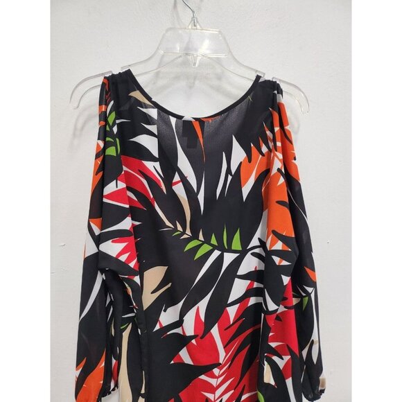 Worthington Womens Cold Shoulder Blouse Size Small Black Red Leaf Print Tropical - Picture 8 of 8